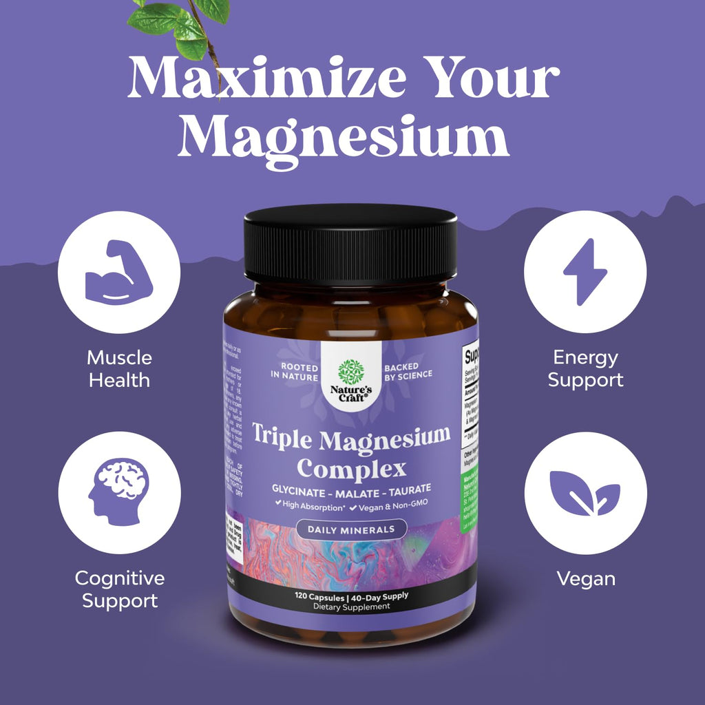 Triple Magnesium Complex Supplement - High Absorption Magnesium Glycinate, Malate & Taurate Blend for Muscles, Energy Support & Heart Health - Triple Mg Complex 400 mg Capsules - 120 Count