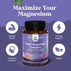 Triple Magnesium Complex Supplement - High Absorption Magnesium Glycinate, Malate & Taurate Blend for Muscles, Energy Support & Heart Health - Triple Mg Complex 400 mg Capsules - 120 Count