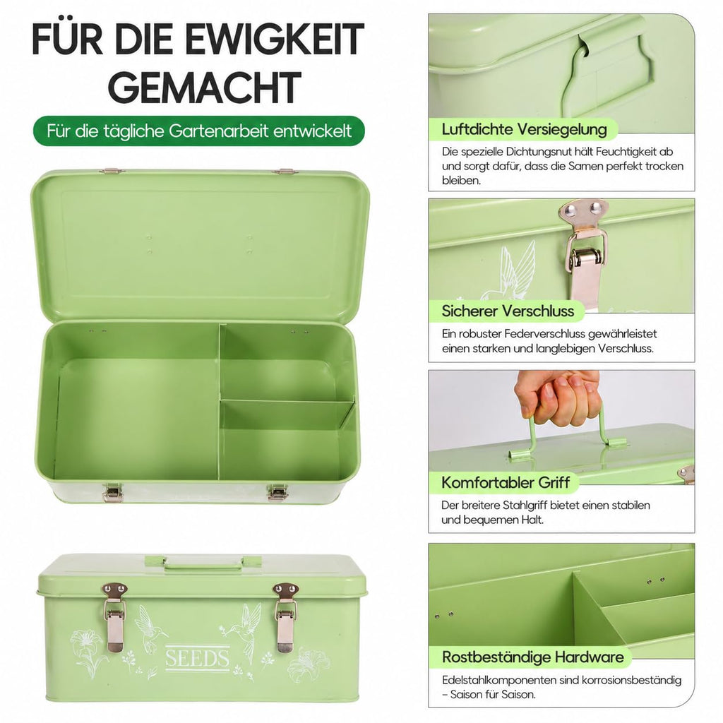 60 Slots Seed Organizer Storage Box with 3 Compartments,Large Metal Garden Seed Organizer with Lid&Safety Locks,Seed Saver Bin 50 Plant Labels 60 Seed Envelopes,Professional All-In-One Seed Saving Kit