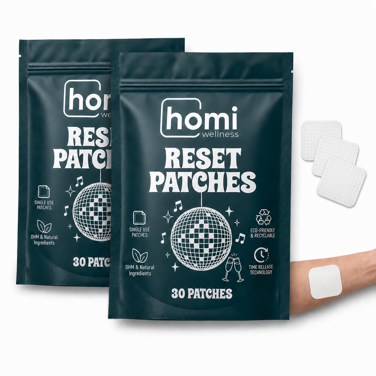 Homi Wellness Reset Patches | After Party Recovery Support | DHM 500mg Transdermal Patch | 12-Hour Time-Release | Magnesium + Botanical Blend | 60 Patches