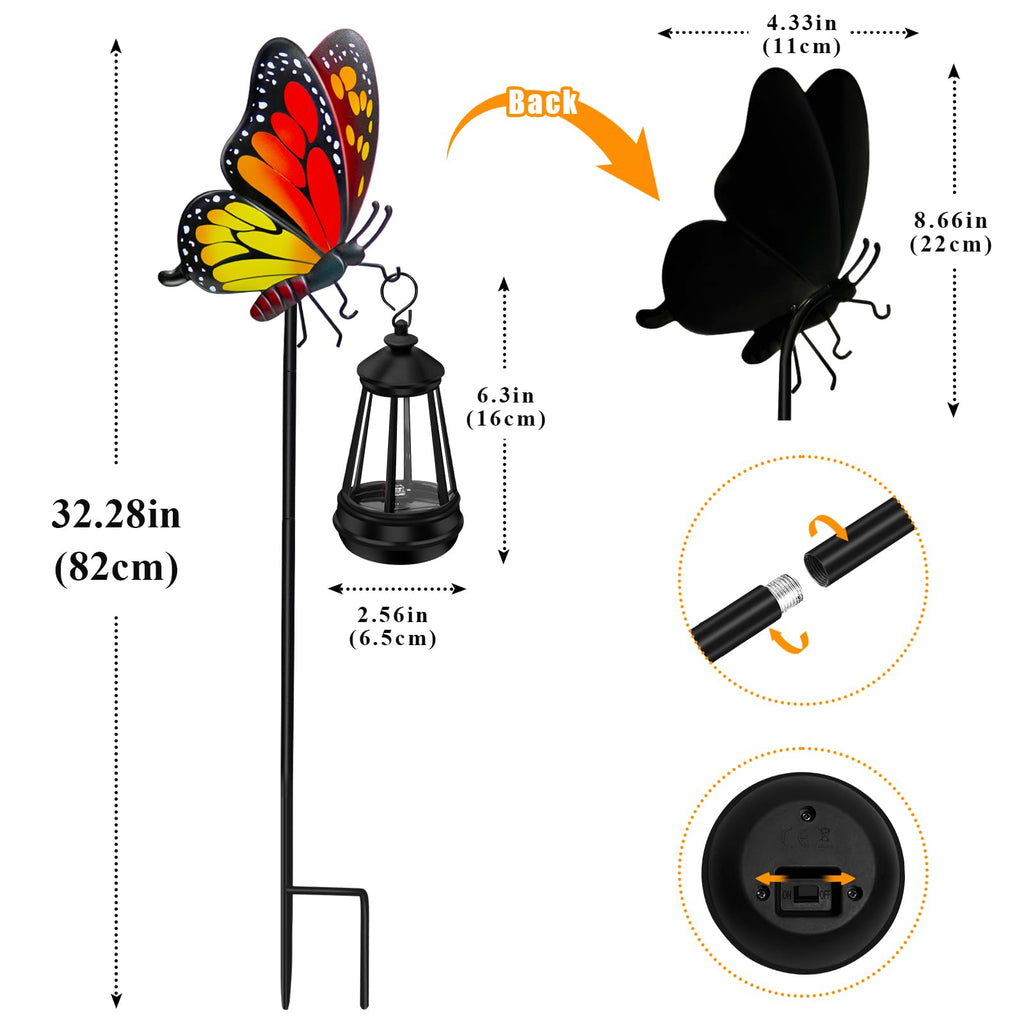 ZFNN Solar Garden Decor Lights Outdoor Waterproof, Metal Butterfly Stakes with Solar Lanterns, Decorative Yard Art for Outside Patio Lawn Ornaments, Gifts for Women Mom（2Pack）