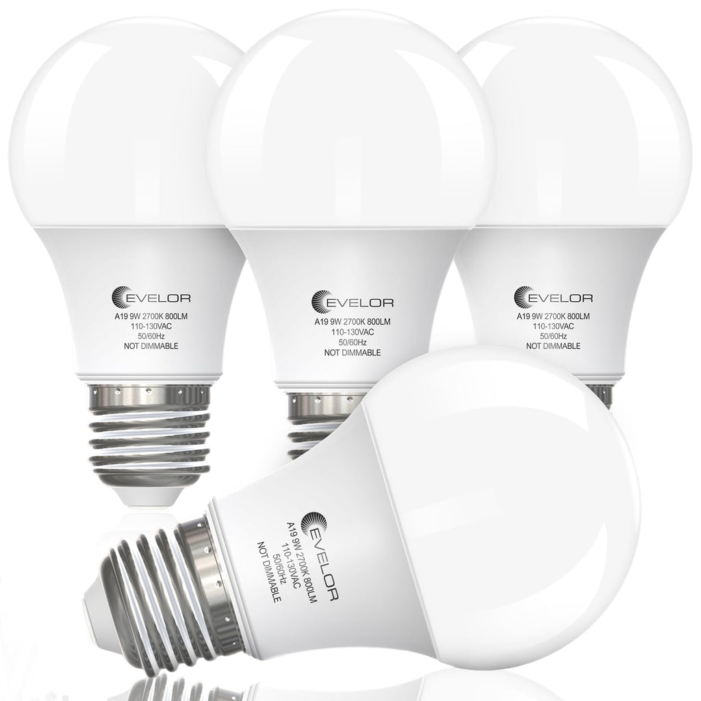 evelor A19 LED Light Bulbs,60 Watt Equivalent,Soft White 2700K,4-Pack