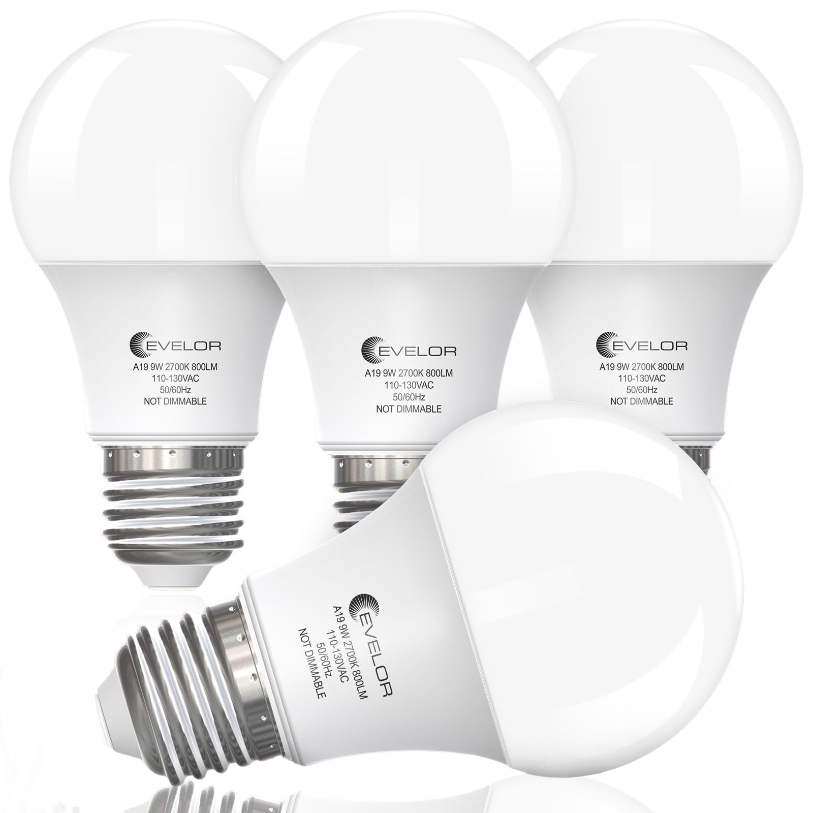 evelor A19 LED Light Bulbs,60 Watt Equivalent,Soft White 2700K,4-Pack