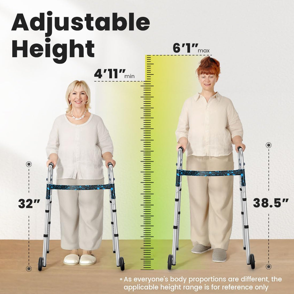 OasisSpace Compact Folding Walker, with Trigger Release and 5 Inches Wheels for The Seniors [Accessories Included] Narrow Lightweight Supports up to 350 lb