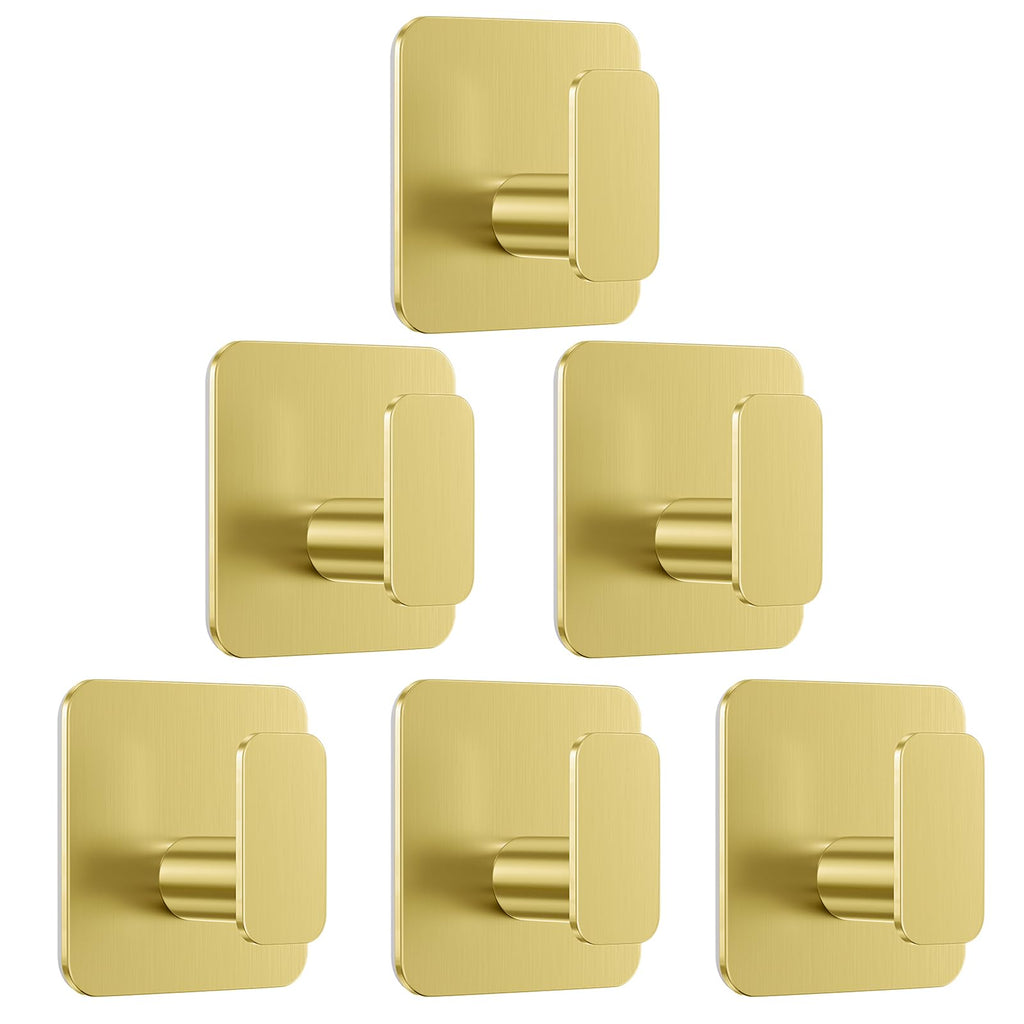Aikzik Gold Hooks for Hanging Heavy Duty, Adhesive Hooks for Shower, Bathroom, Kitchen, Robe, Towel, Coat, Waterproof & Rustproof Hook for Walls No Damage, Stainless Steel Sticky Hook - 6 Pack