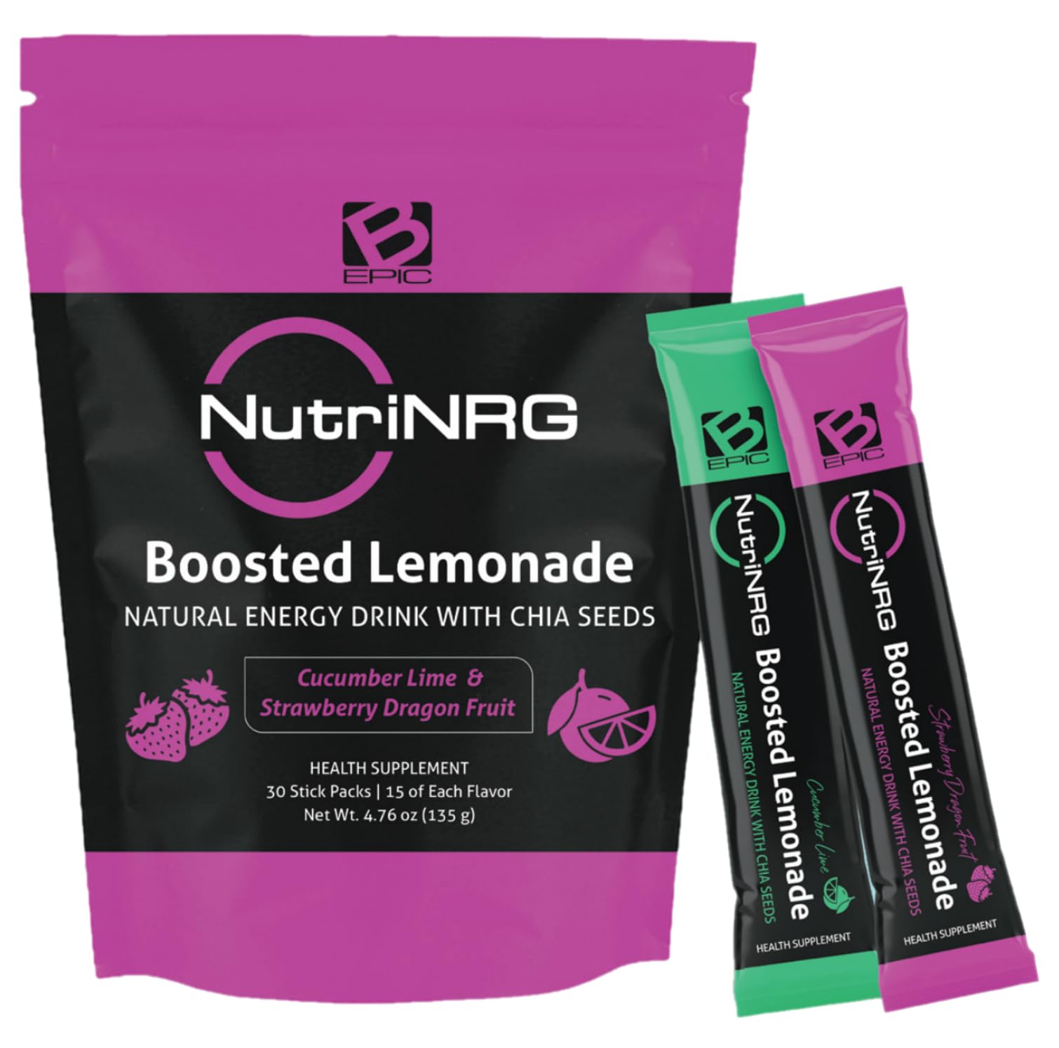 B-Epic NutriNRG Natural Energy Lemonade - Sugar-Free, Low-Calorie Energy Drink Infused with Chia Seeds for Cognitive Performance - Natural Energy Powder in Lemonade Flavor - Includes 30 Powder Sticks
