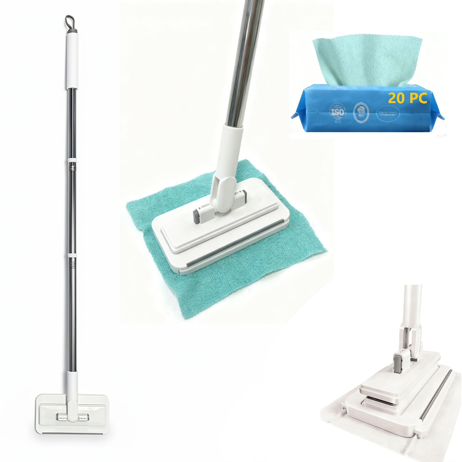Clip on Mini Mop for Kitchen Counter & Floor – No Wash & Cloth Changing Lazy Mop | Automatic Gripping & Zero-Touch Snap-Grip System with 20 Cloths