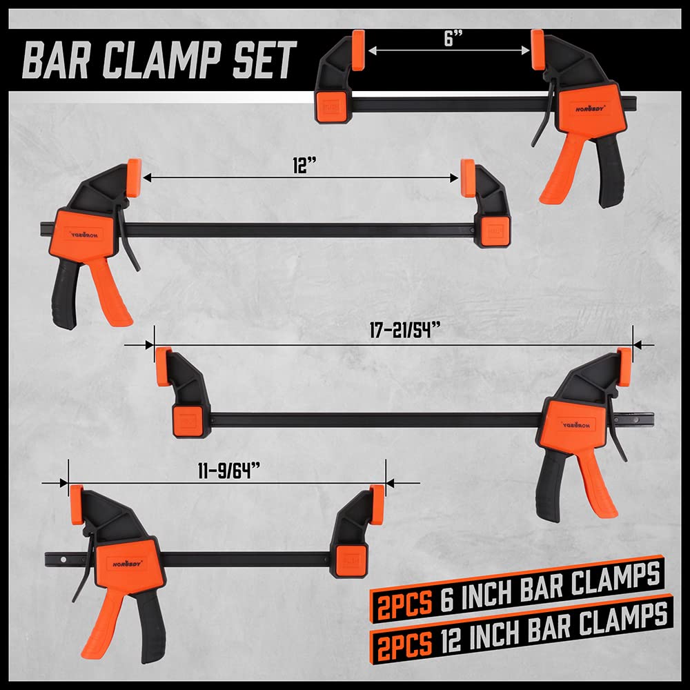 HORUSDY 6-Pack Wood Clamps for Woodworking, 12" and 6" Bar Clamps, Wood Working Clamp Sets, Quick Clamps F Clamp with 150 LBS Load Limit (6-Pack)