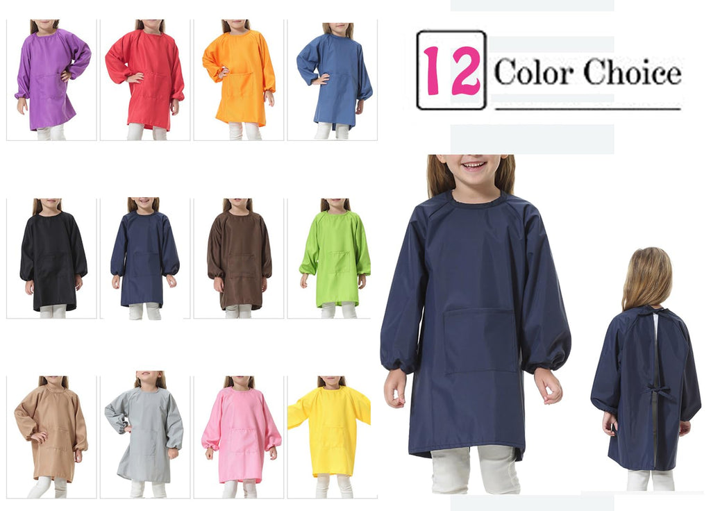 EVGVAT Kids Art Smock Long Sleeve with Pocket Child Chef Bib Apron for Kitchen Cooking Painting (Black, Large(8-12years))