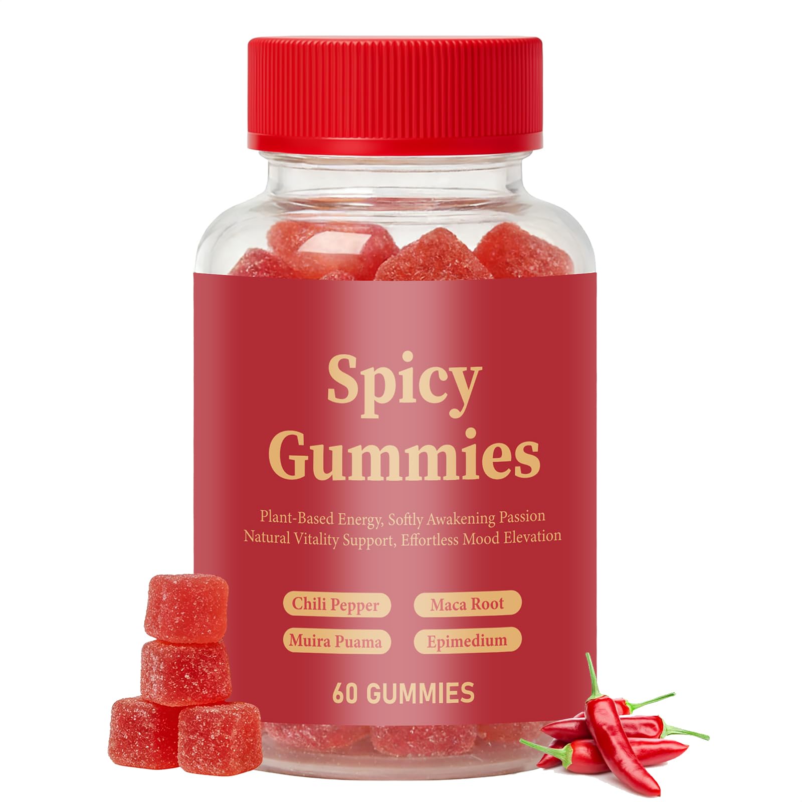 Ambelny Spicy Gummies, Intimacy Gummy with Muira Puama, Chili Pepper, Maca & Epimedium for Promote Hormone Balance, Vegan, Peach Flavor (60 Count/Bottle)