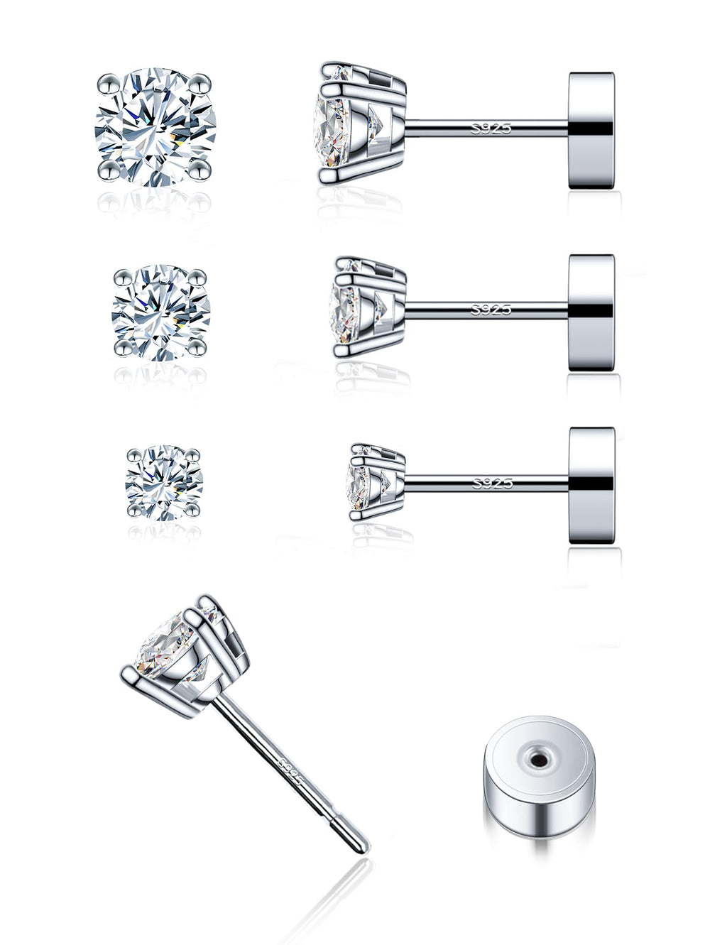 3 Pairs Moissanite Flatback Stud Earrings for Women, 925 Sterling Silver Hypoallergenic Flat Back Cartilage Earrings Set, 18K White Gold Plated (3,4,5mm)