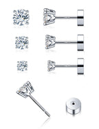 3 Pairs Moissanite Flatback Stud Earrings for Women, 925 Sterling Silver Hypoallergenic Flat Back Cartilage Earrings Set, 18K White Gold Plated (3,4,5mm)