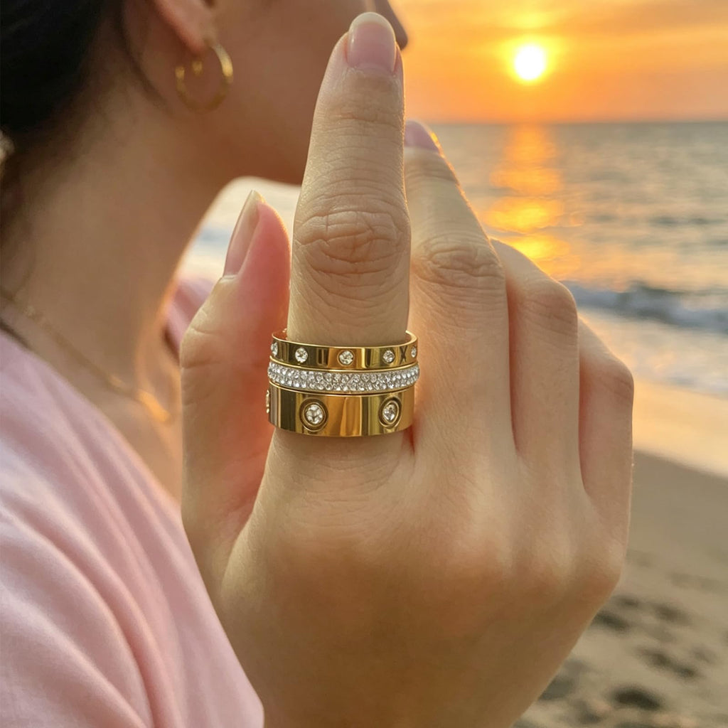 YIKOXI Gold Rings Set for Women 18K Gold Plated Titanium Steel Dainty Cubic Zirconia Rings Fashion Stacking Bands Valentines Day Mother's Day Christmas Day Best Gifts (Gold, 8)