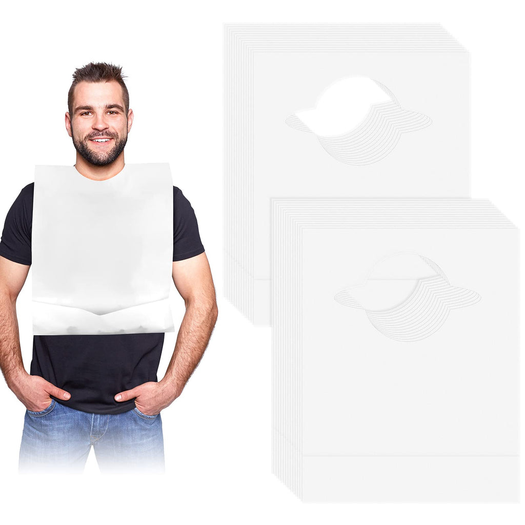 Hicarer 100 Pcs Disposable Adult Bibs with Crumb Catcher for Elderly Eating Plastic Bibs Single Use Dining Clothing Protectors