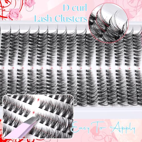 Lash Clusters Kit 50D 320 Pcs Individual Lashes Clusters Kit With Lash Bond and Seal and Eyelashes Tweezers 7-16 MM Cat Eye Wispy Eyelash Clusters D Curl Cluster Eyelash Extensions Kit