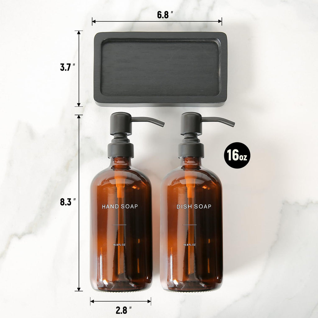 Prus Waso Amber Soap Dispenser Set, Soap Dispenser for Kitchen Sink with Black Stainless Steel Pump, Perfect for Kitchen Accessories Decor. (Amber)