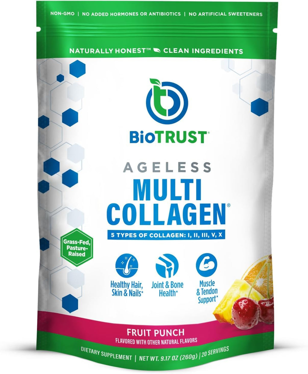 BioTrust Ageless Multi Collagen Peptides Powder - 5 Types (I, II, III, V, X) - Fruit Punch Collagen Powder for Women & Men - Hydrolyzed Protein - Grass Fed Beef, Fish, Chicken, Eggshell Membrane