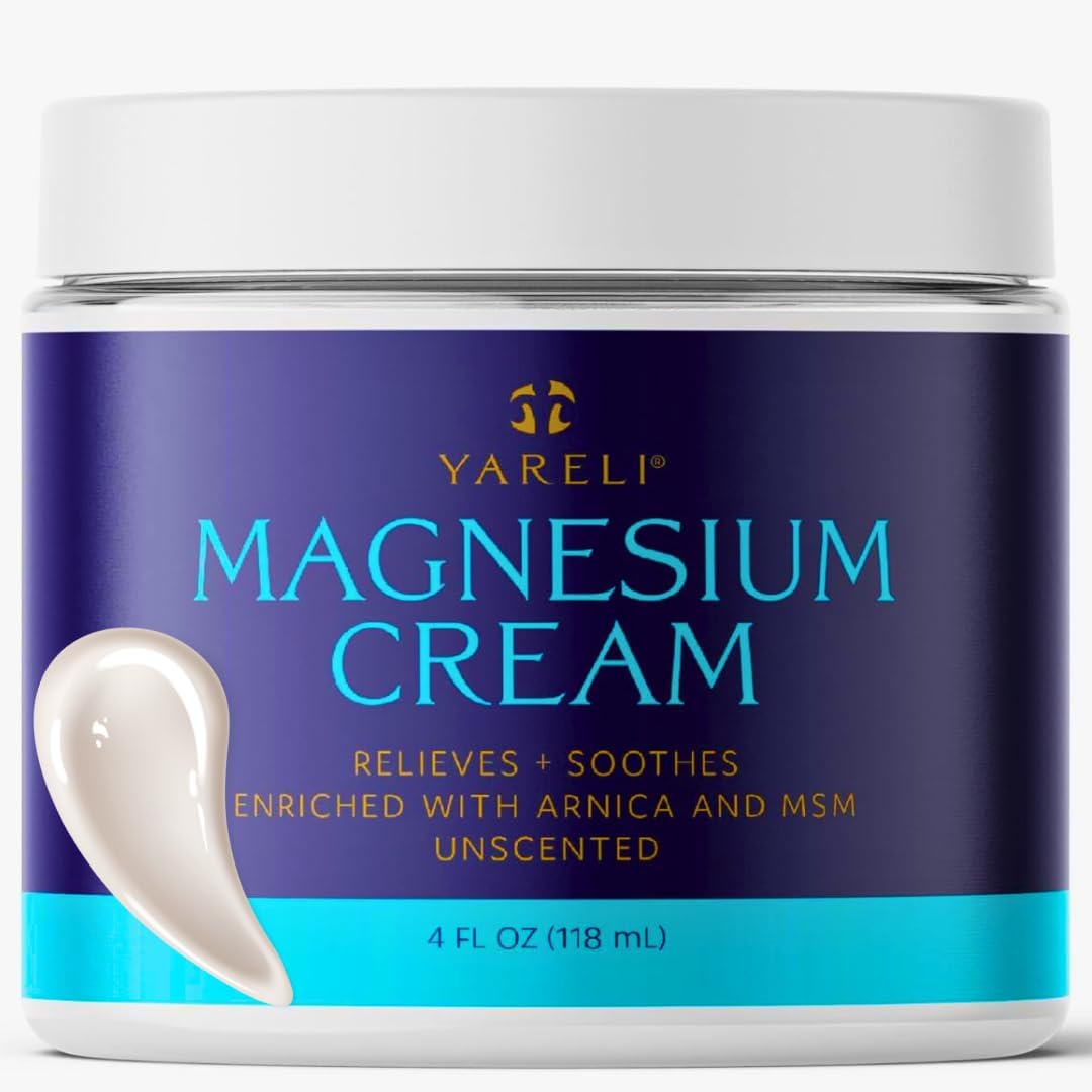 YARELI Magnesium Cream for Pain & Sleep Support - Topical Lotion with Arnica, MSM for Leg Cramps, Muscle Tension, Evening Leg Relaxation - Safe for Adults (4 Fl Oz (Pack of 1), Unscented)