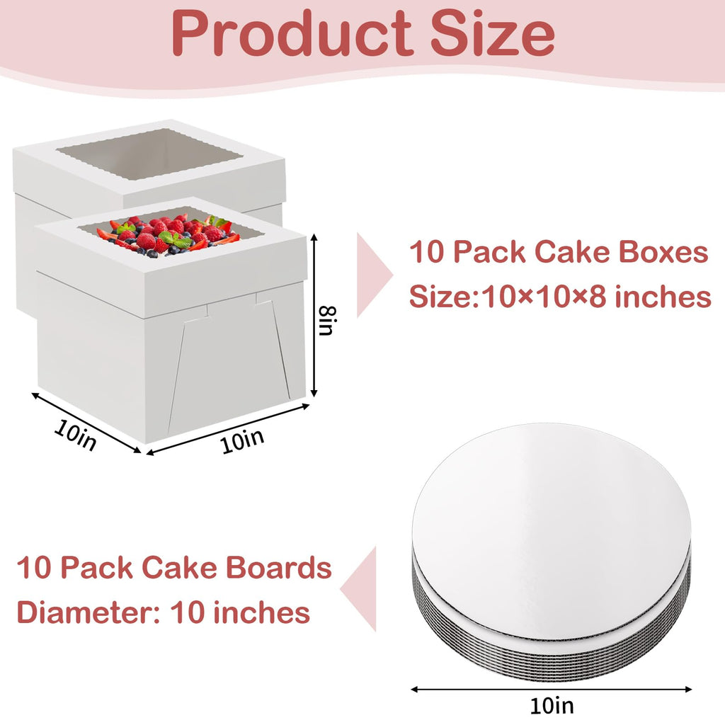 WINKIO Cake Box with Cake Boards, 10 Pack Disposable Cake Carrier, Cakes Transport Container, White Bakery Holder with Window (10, white, 10x10x8 Inches)