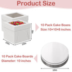 WINKIO Cake Box with Cake Boards, 10 Pack Disposable Cake Carrier, Cakes Transport Container, White Bakery Holder with Window (10, white, 10x10x8 Inches)