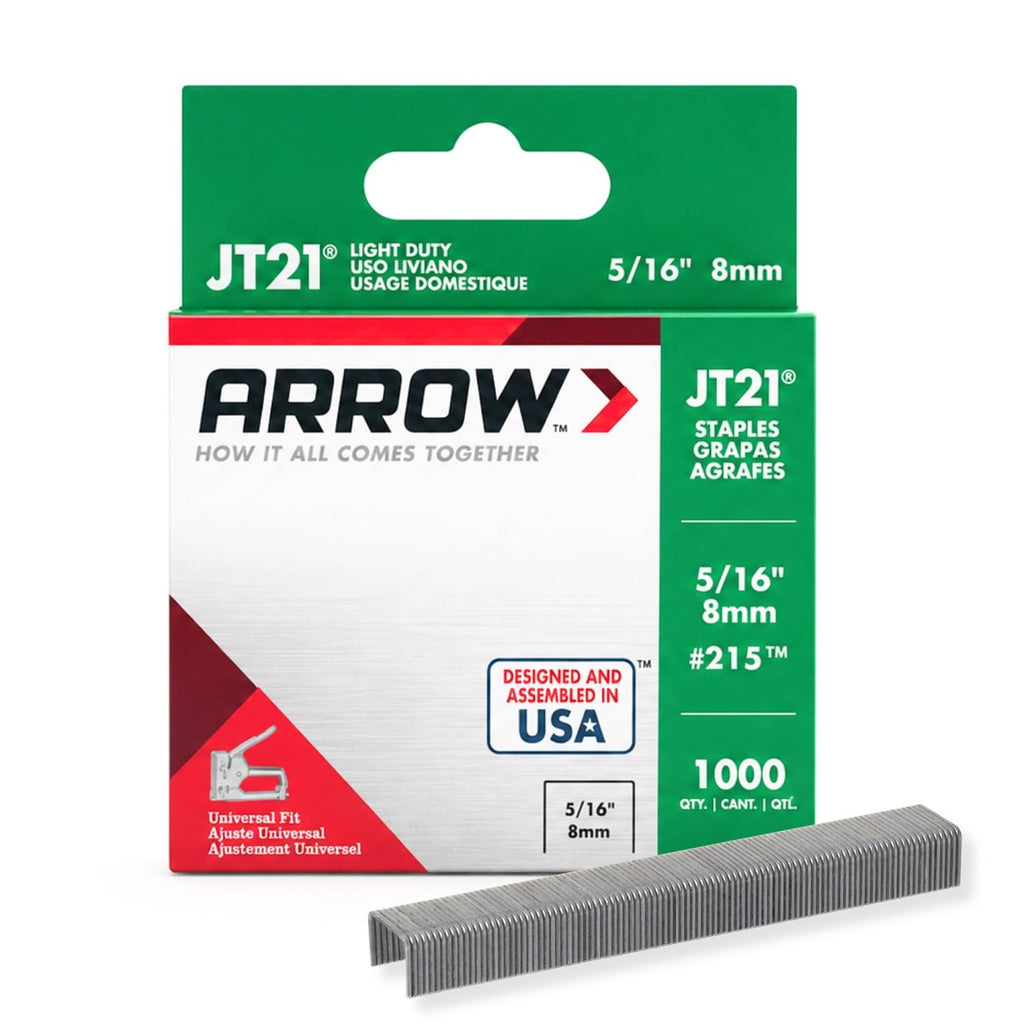 Arrow 215 JT21 Thin Wire Staples for Staple Guns and Staplers, Use for Upholstery, Crafts, General Repairs, 5/16-Inch Leg Length, 7/16-Inch Crown Width, 1000-Pack, Made in the USA