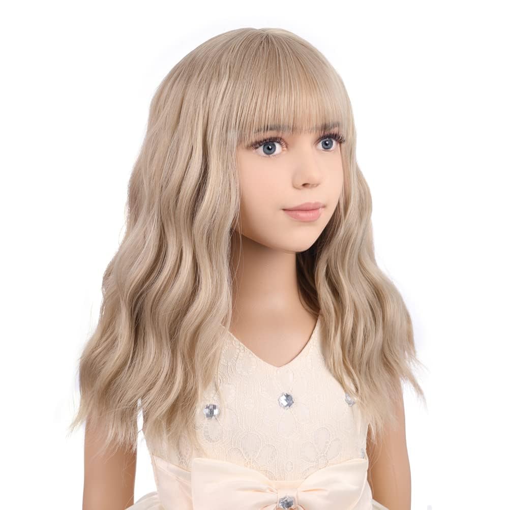 PATTNIUM Blonde Wig Short for Kids Girls Wavy Wig with Bangs Child Flaxen Blonde Wigs Synthetic Cosplay Halloween Party Costume Wigs (Flaxen Blonde)