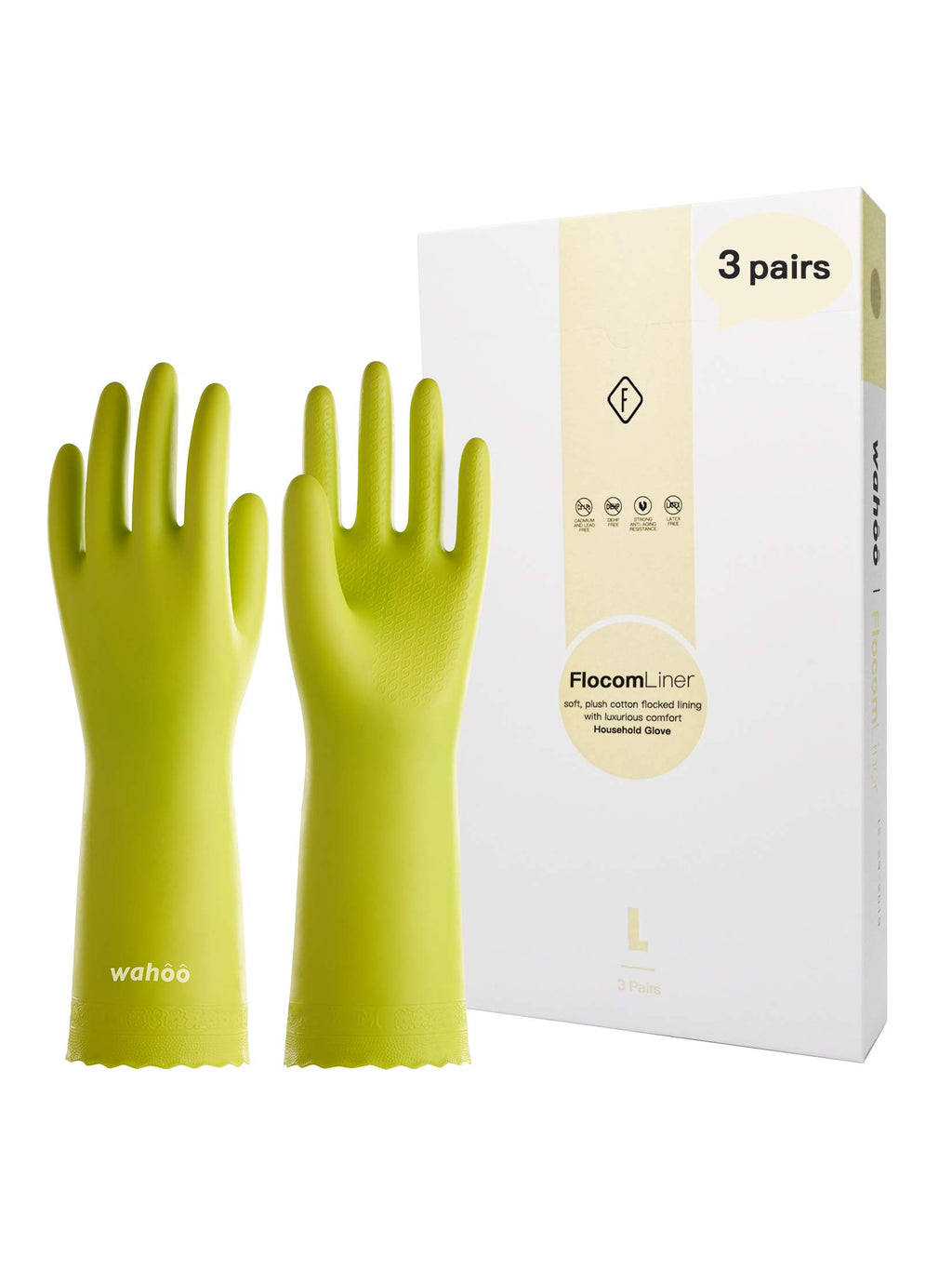 LANON 3 Pairs wahoo Skin-Friendly Cleaning Gloves, Dishwashing Kitchen Gloves with Cotton Flocked Liner, Reusable, Non-Slip, Bud Tender, Large