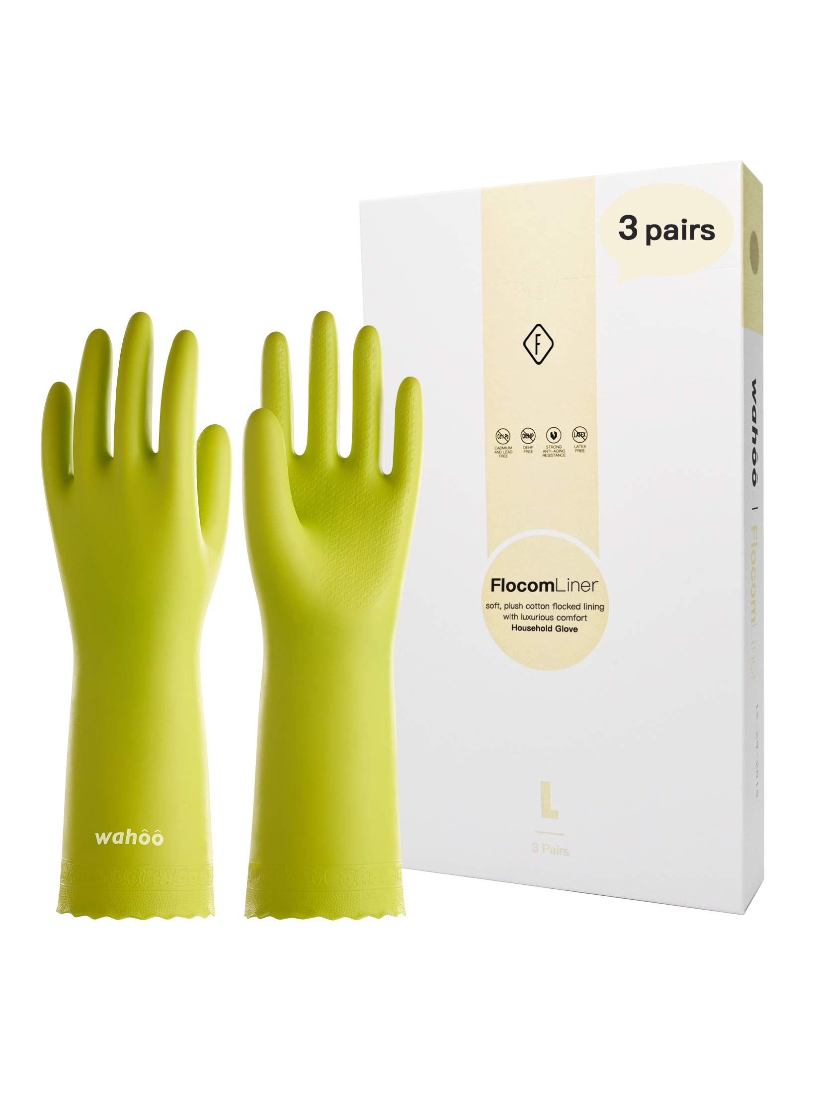 LANON 3 Pairs wahoo Skin-Friendly Cleaning Gloves, Dishwashing Kitchen Gloves with Cotton Flocked Liner, Reusable, Non-Slip, Bud Tender, Large