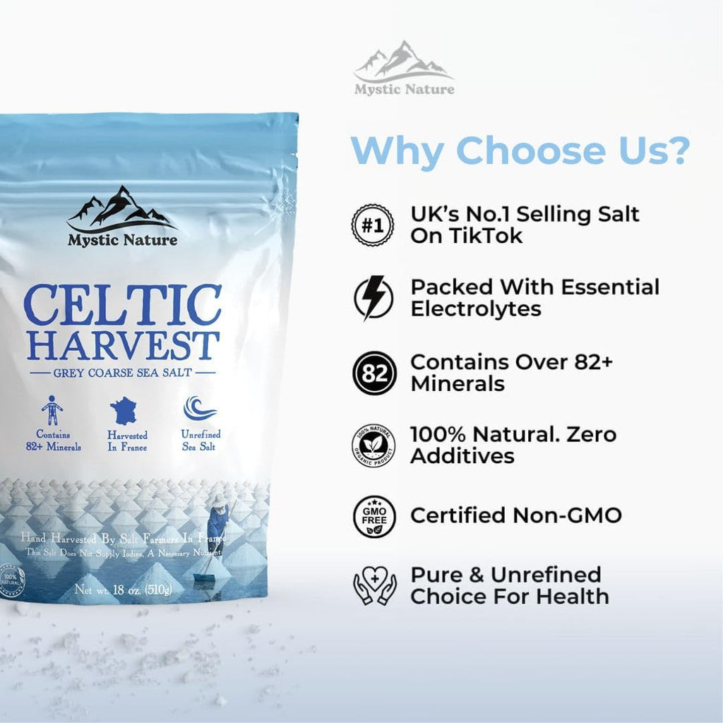 Mystic Nature Celtic Harvest - 1.1 LB | Rich in 82 Essential Minerals | Natural & Unrefined | Hand Harvested Grey Coarse Celtic Crystals from France