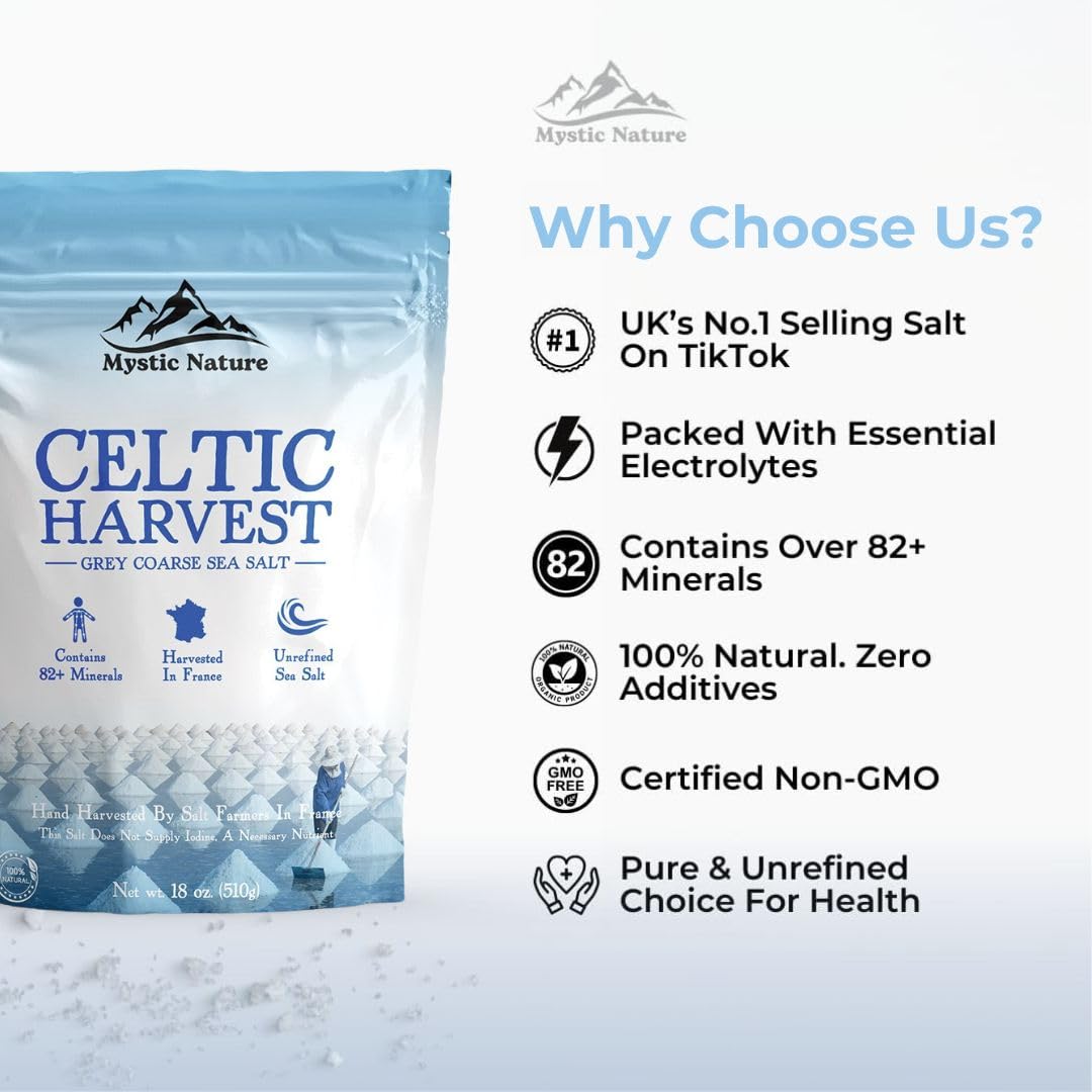 Mystic Nature Celtic Harvest - 1.1 LB | Rich in 82 Essential Minerals | Natural & Unrefined | Hand Harvested Grey Coarse Celtic Crystals from France