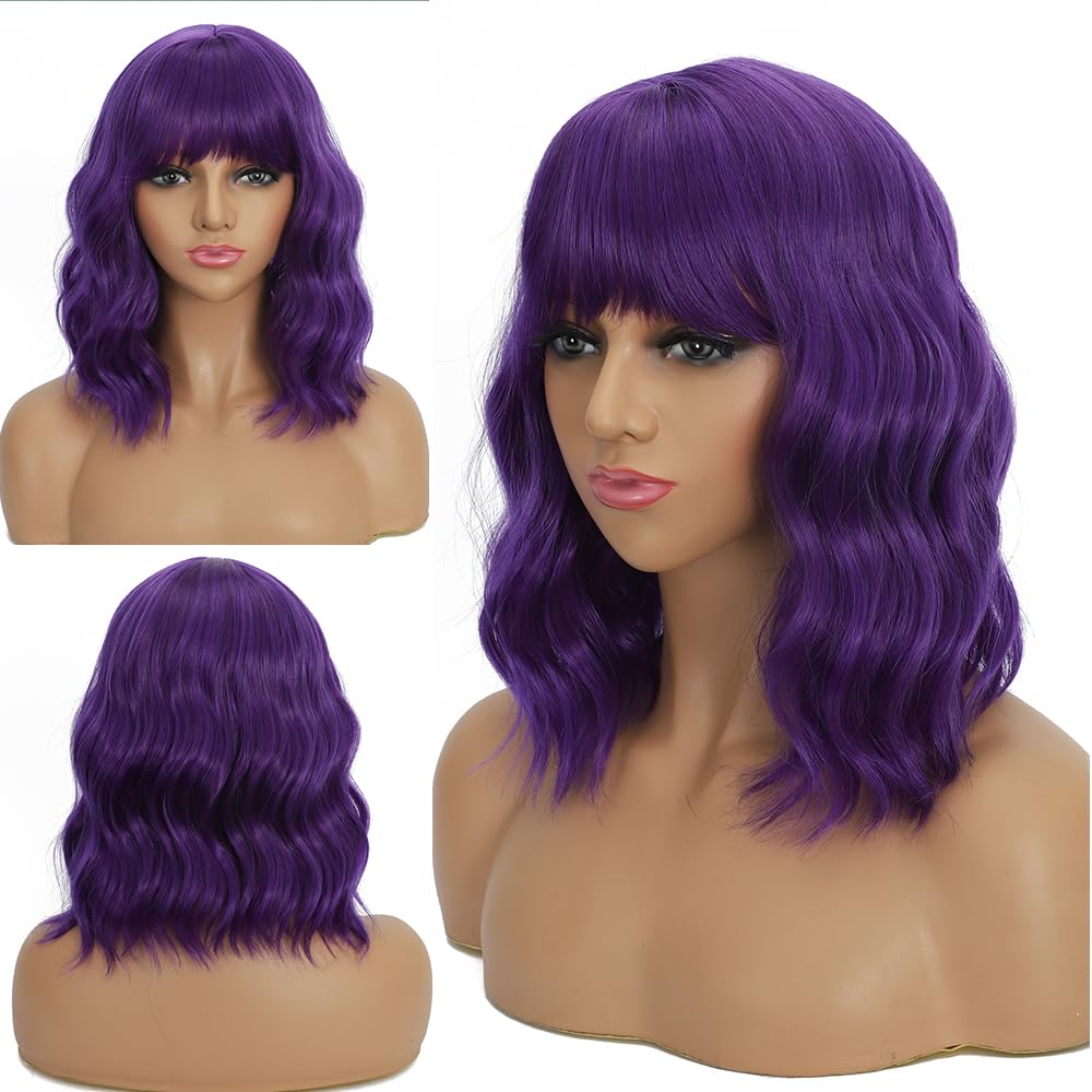 Mxayhnajxl Dark Purple Wigs with Bangs for Women 14 Inch Short Wavy Bob Wigs Synthetic Bob Wig Curly Wig Heat Resistant Colorful Wavy Wig Cosplay Wigs For Daily Party Halloween