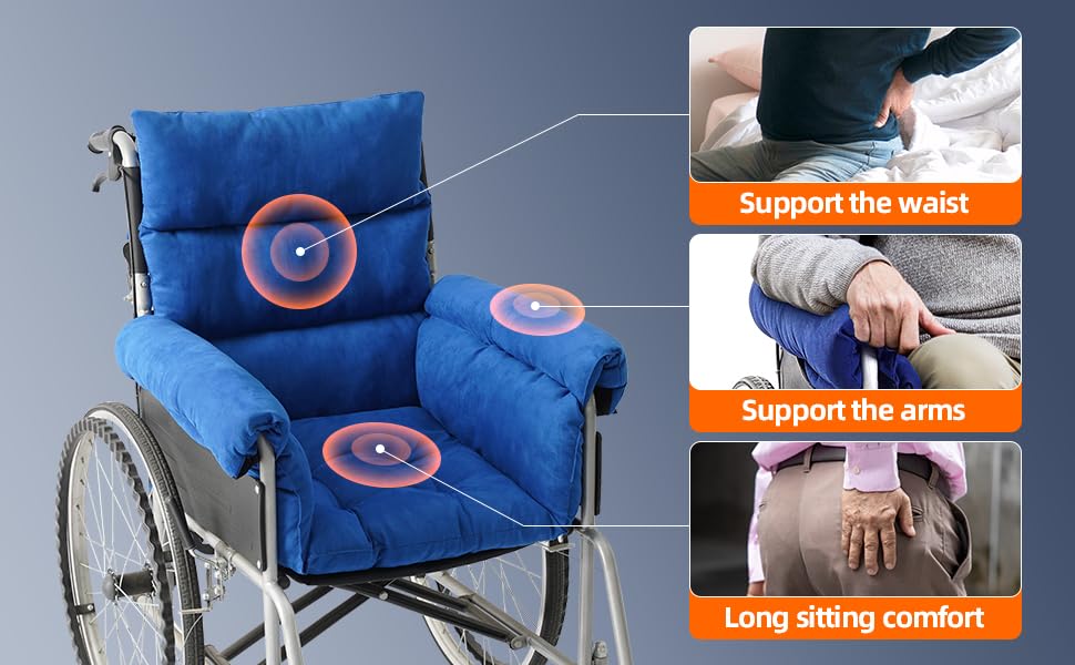 Trendcode Wheelchair Cushions，Pressure Pain Relief Accessories with Armrest Covers. Supports Coccyx & Back, Non-Slip. Fits 18" Wheelchair with Full Arms, Blue.