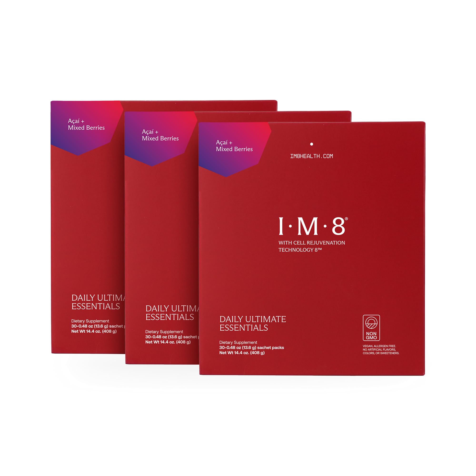 IM8 Daily Ultimate Essentials All-in-One Multivitamin Supplement, 92 Nutrient Rich Ingredients CoQ10, Probiotics, Vitamins, Greens, Gluten Free, Vegan (90 Packets, Acai and Mixed Berries)