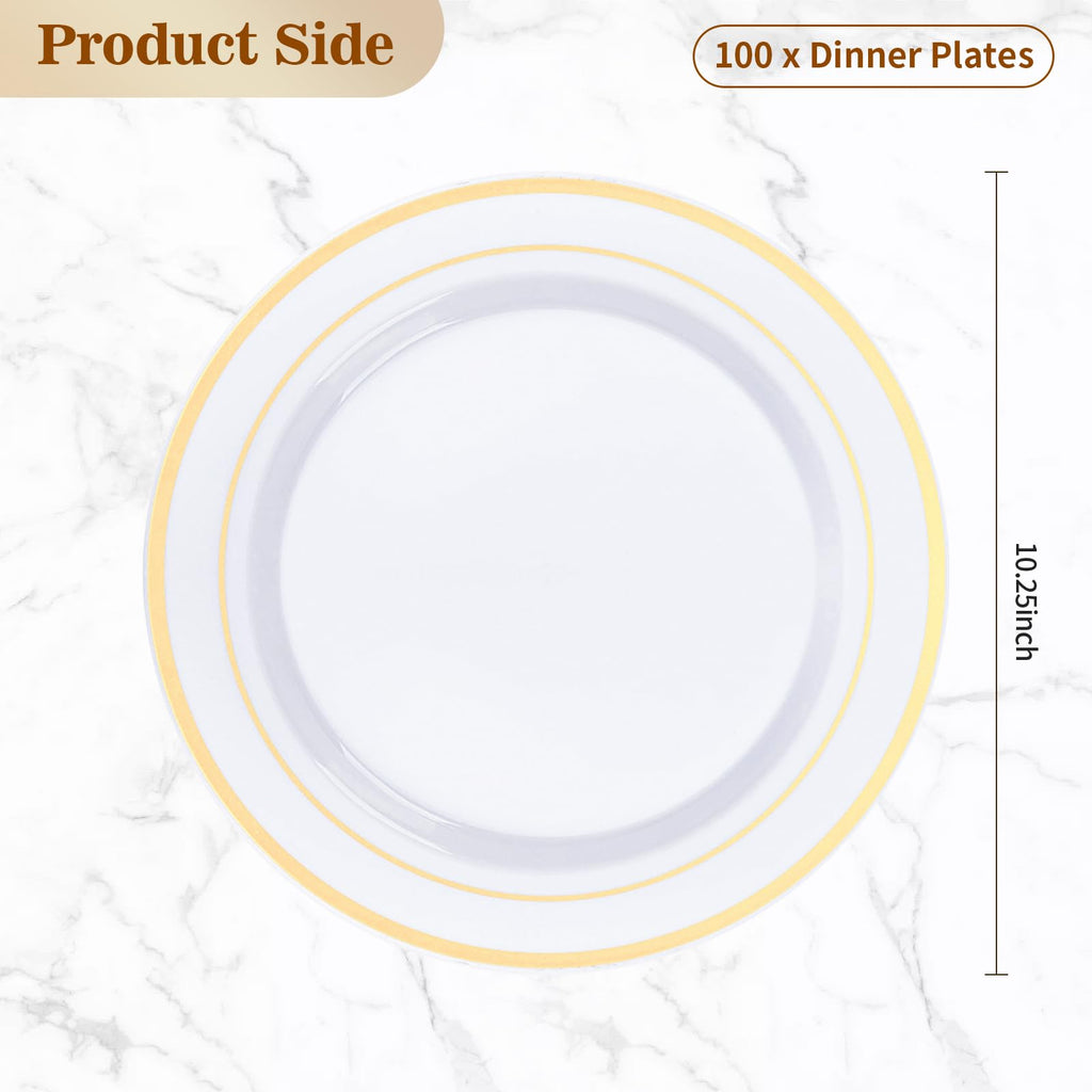 BESTVIP 100Pcs Gold Plastic Plates, 10.25 Inch Disposable Dinner Plates