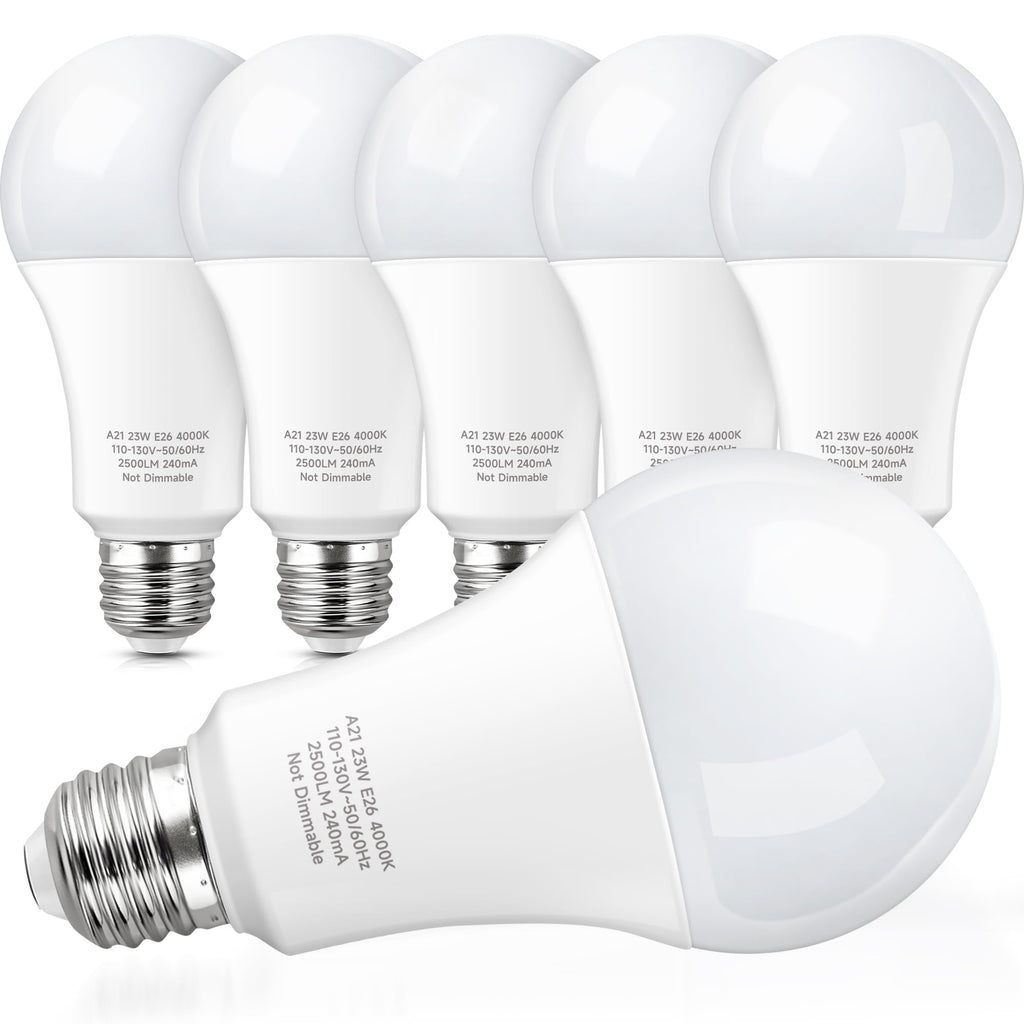 KINDEEP A21 LED Bulbs, 150-200 Watt Equivalent High Watts Bulbs, 23W Super Bright Light Bulbs E26 Base, 2500 Lumens, 4000K Natural White for Your Home Office, Store, Garage, Warehouse, Non-Dim, 6-Pack