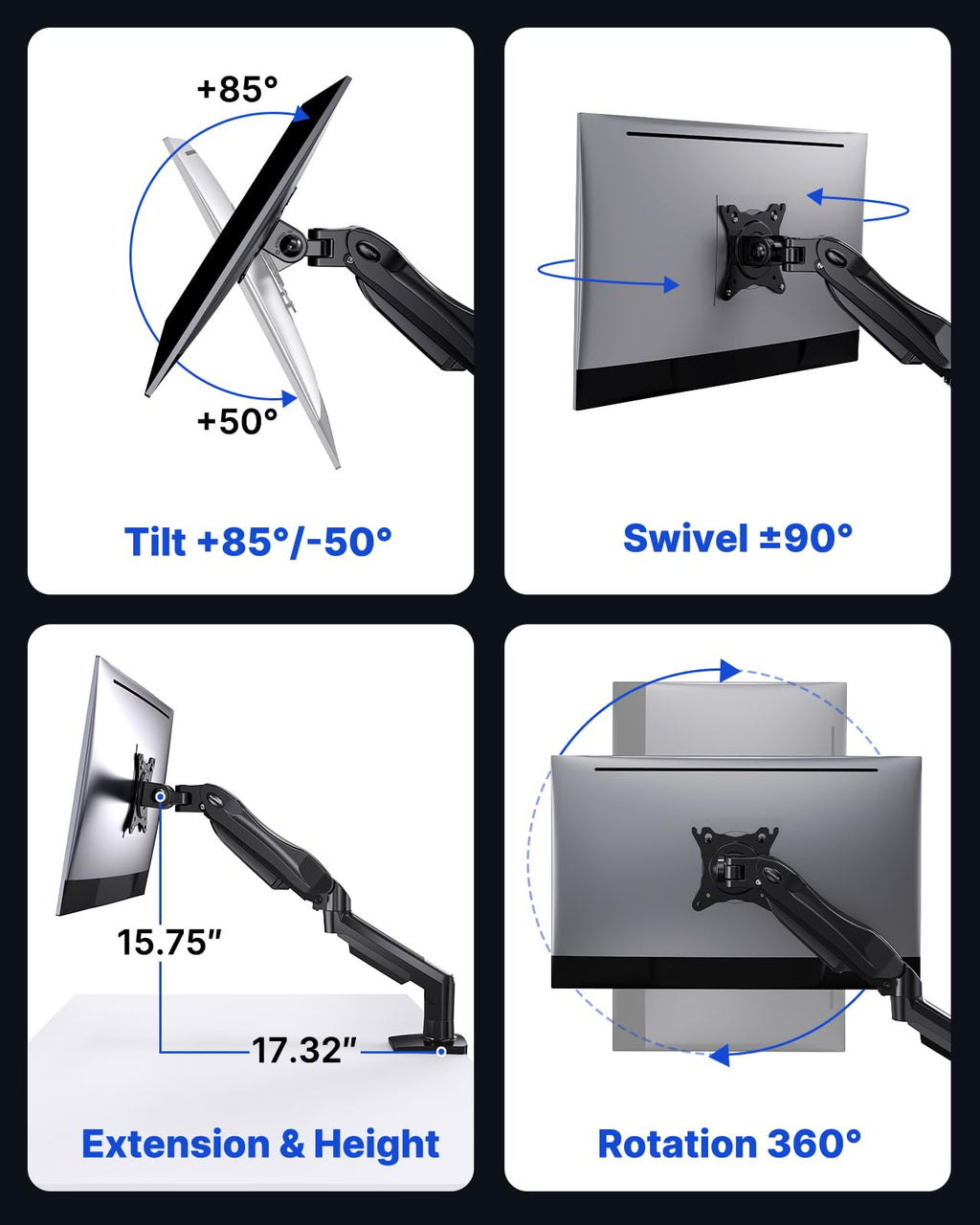 HUANUO FlowLift™ Single Monitor Mount, 13 to 32 Inch Monitor Arm, Adjustable Monitor Stand, Vesa Mount with Clamp and Grommet Base - Fits 4.4 to 19.8lbs LCD Computer Monitors