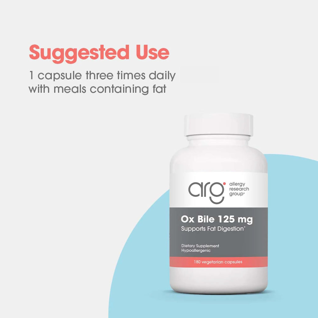 ARG Ox Bile 125 mg – Supports Fat Digestion – Delivers 125 mg Concentrated Bile Salts per Serving – Hypoallergenic & Vegetarian – 180 Servings – 180 Vegicaps
