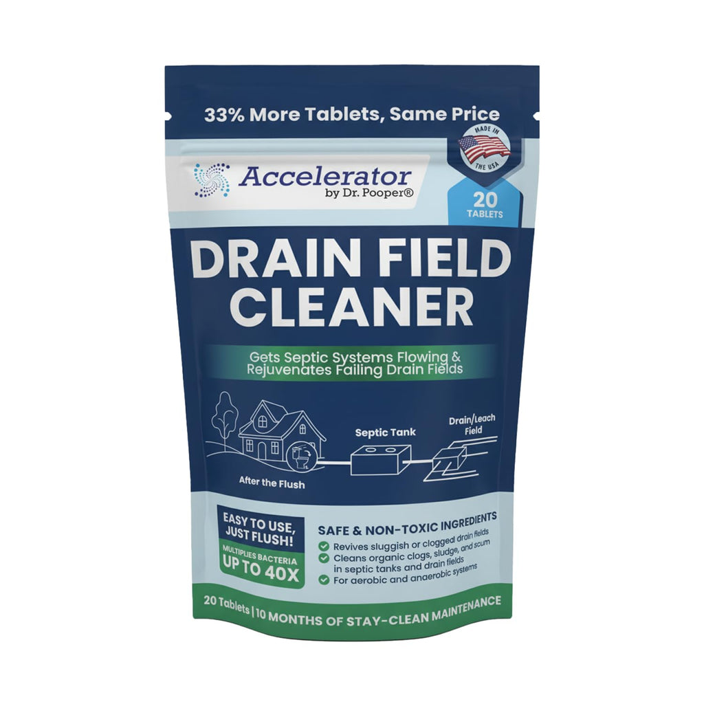Accelerator by Dr. Pooper Drain Field Cleaner Tablets (20 Count) - Septic Tank Treatment for Clogs, Odor & Sludge - 90% Less Plastic - 10 Month Supply - Aerobic & Anaerobic Systems - Easy Flush