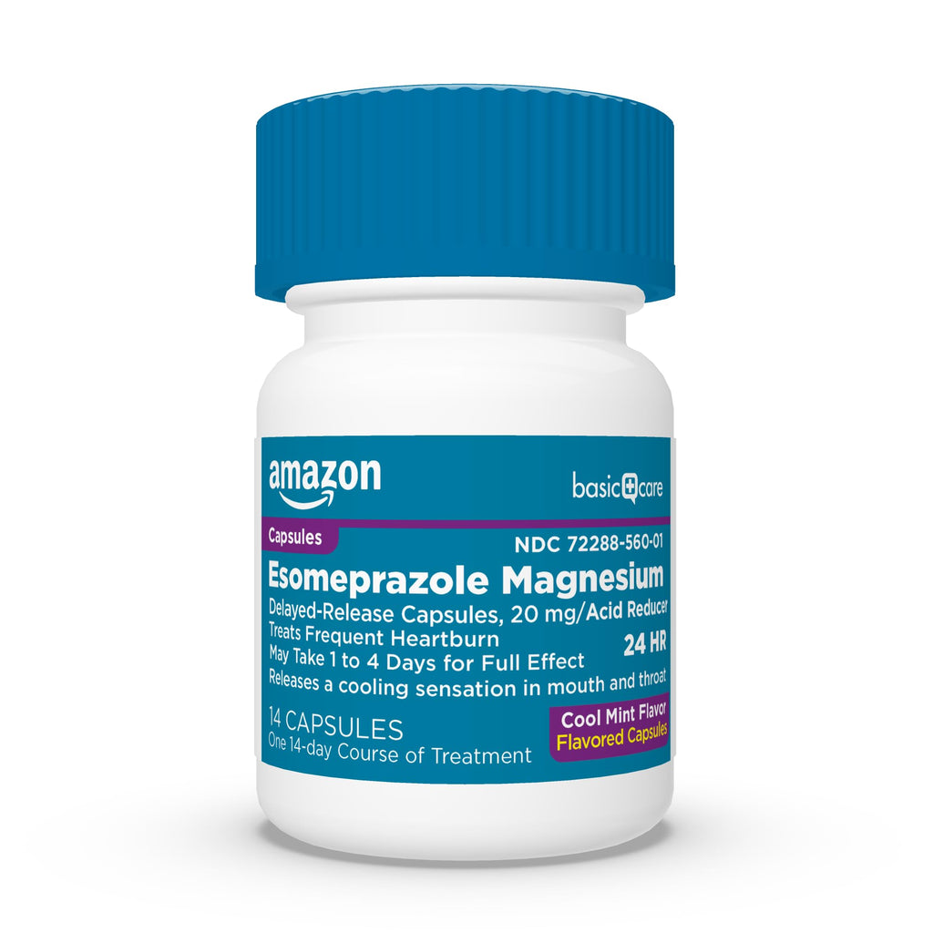 Amazon Basic Care Esomeprazole Magnesium Delayed-Release Capsules 20 mg, Acid Reducer, Treats Frequent Heartburn, Cool Mint Flavor, 24 Hour Heartburn Medicine, 14 Count