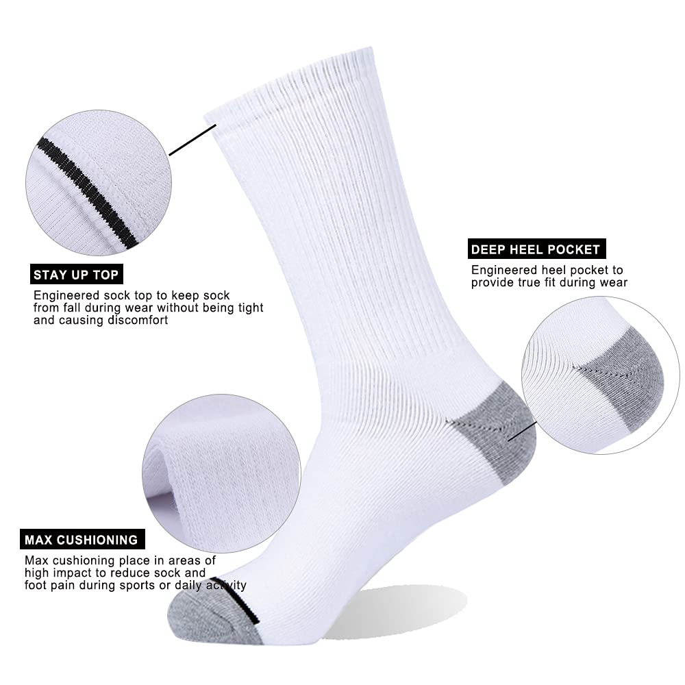 EnerWear 10 Pack Men's Cotton Moisture Wicking Heavy Cushion Crew Socks White Size 10-13 (Shoe Size 6-12)