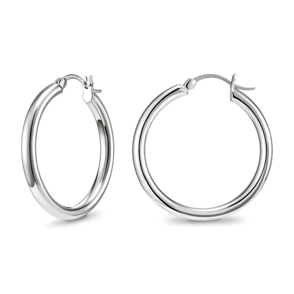 SWEETV Sterling Silver Post Earrings Chunky Hoop Earrings for Women 25MM Polished Huggie Earrings for Sensitive Ears