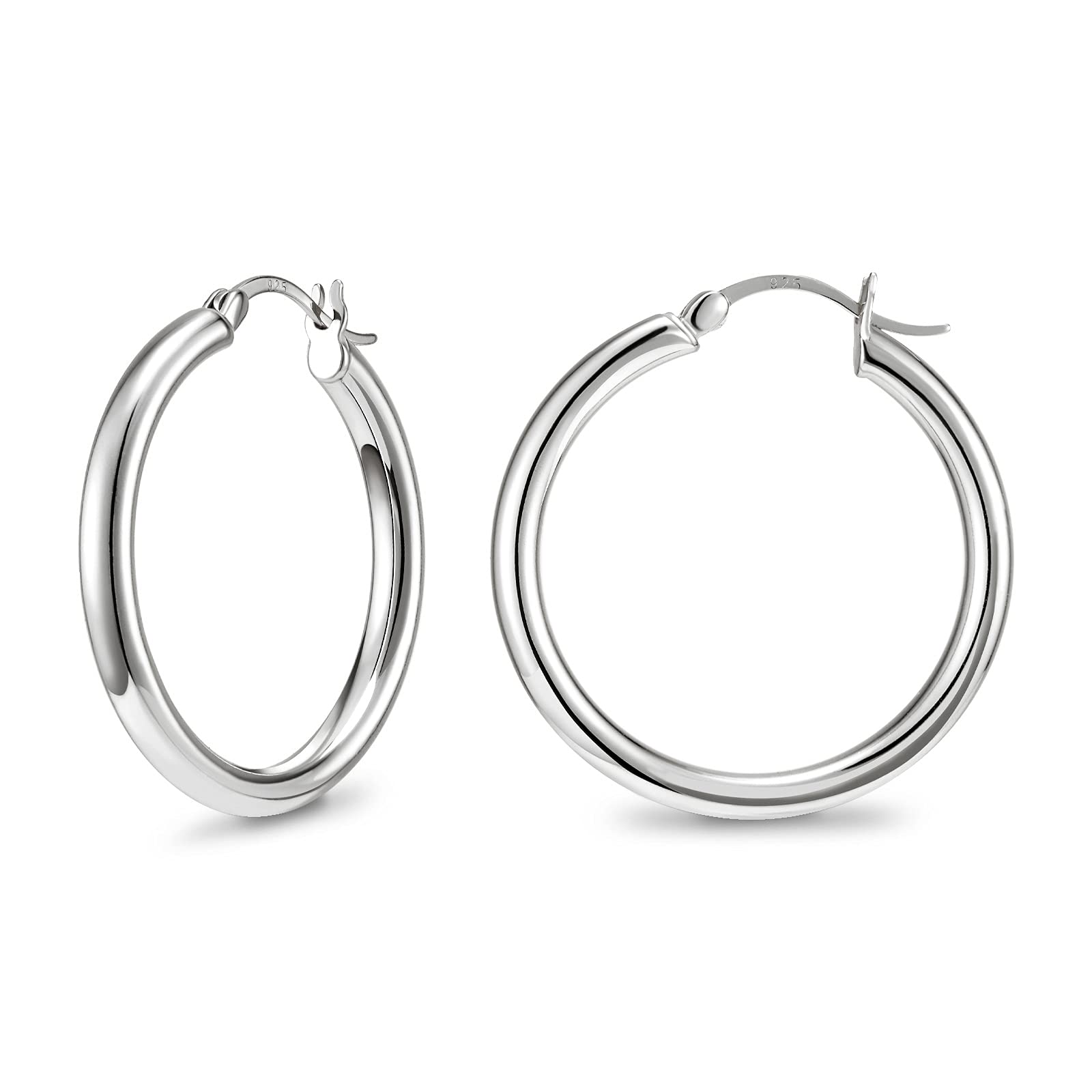SWEETV Sterling Silver Post Earrings Chunky Hoop Earrings for Women 25MM Polished Huggie Earrings for Sensitive Ears