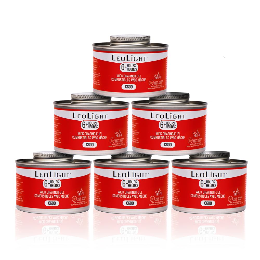 6 Pack Chafing Fuel 6 Hour Burn – Odorless, Smokeless & Spill-Proof Wick, 7oz Food Warmer Fuel for Chafing Dish Buffet Set & Catering Use, LeoLight