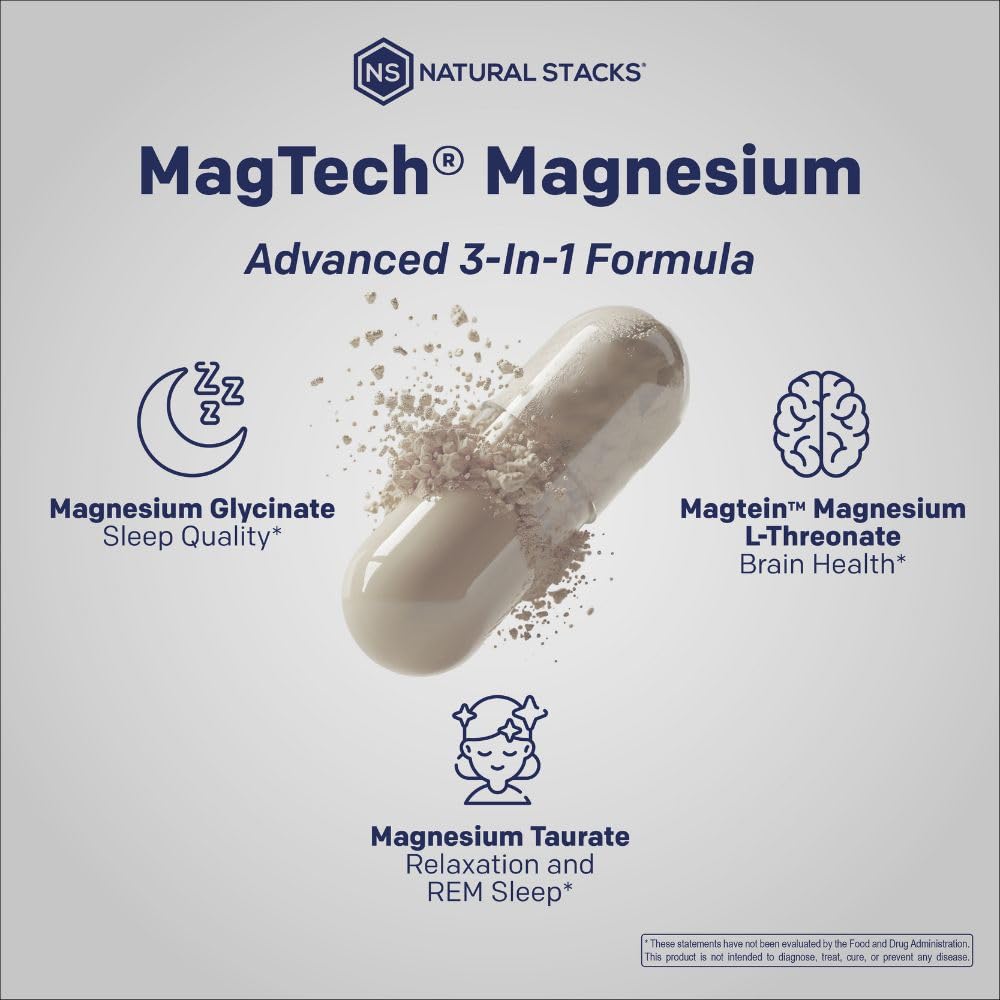 MagTech Magnesium Supplement - 3 Forms of Magnesium: Magtein L-Threonate, Glycinate & Taurate - 200mg Chelated Magnesium Complex - Supports Relaxation & Brain Health - 180 Capsules
