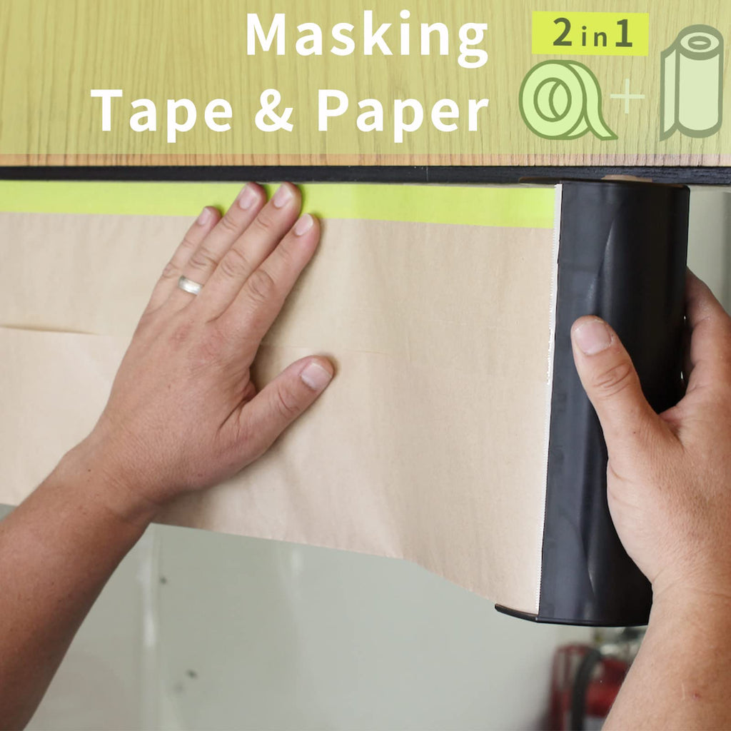 Tangibay Pre-Taped Masking Paper for Painting - 12 inch x 50 feet Tape and Drape Painters Paper, Paint Adhesive Protective Paper Roll for Covering Skirting, Frames, Cars and Auto Body (12 Rolls)