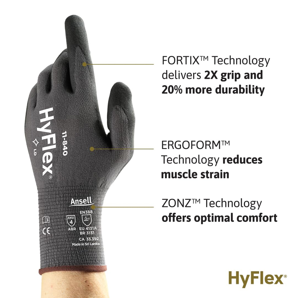 Ansell HyFlex 11-840 Ergonomic Abrasion-Resistant Nylon Spandex Nitrile Coated Industrial Gloves for Automotive, Fabrication - XXL (11) Grey (3 Pairs)
