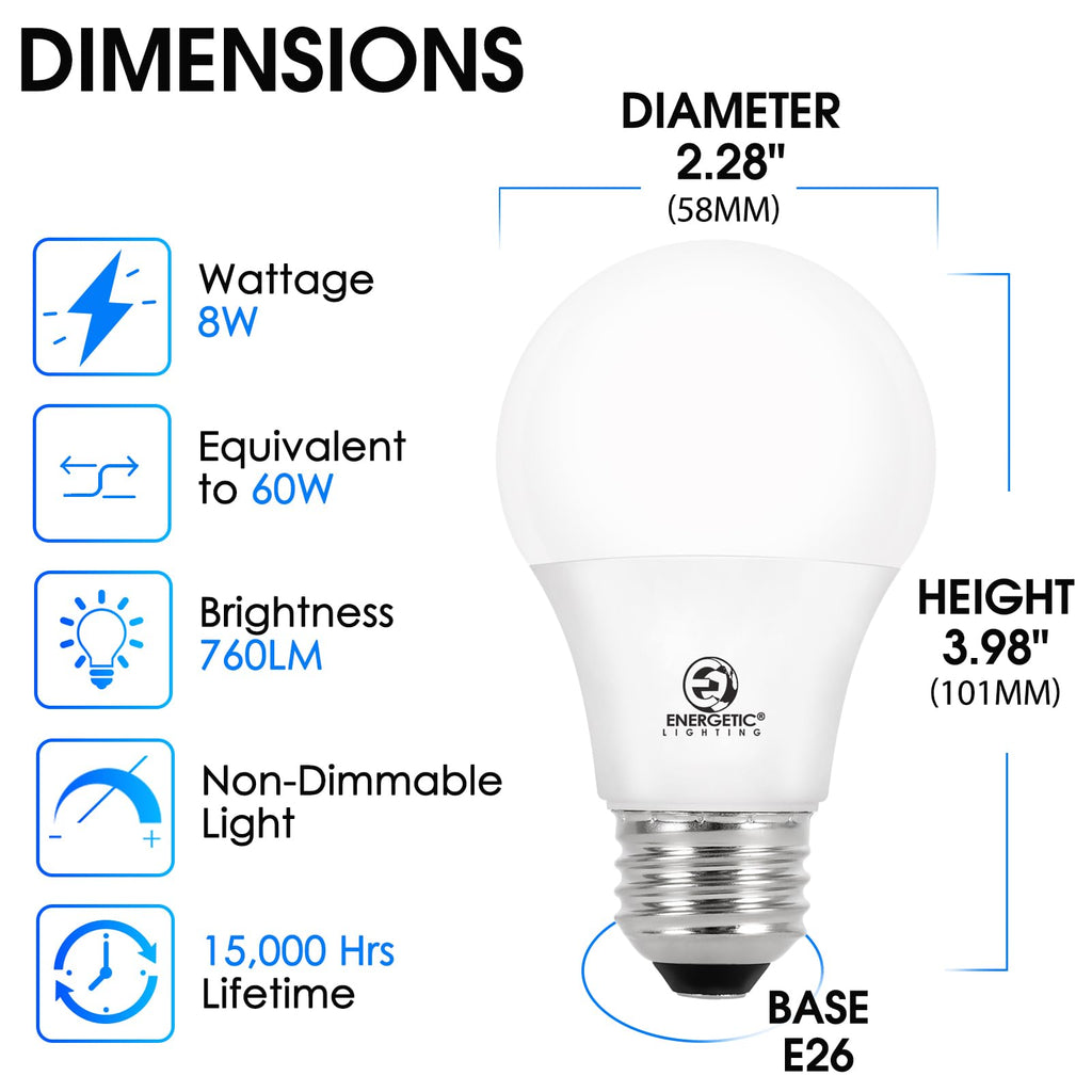 Energetic 60W Equivalent, A19 LED Light Bulb, 5000K Daylight, E26 Medium Base, Non-Dimmable LED Light Bulb, 8W 760lm, ETL Listed 4 Pack