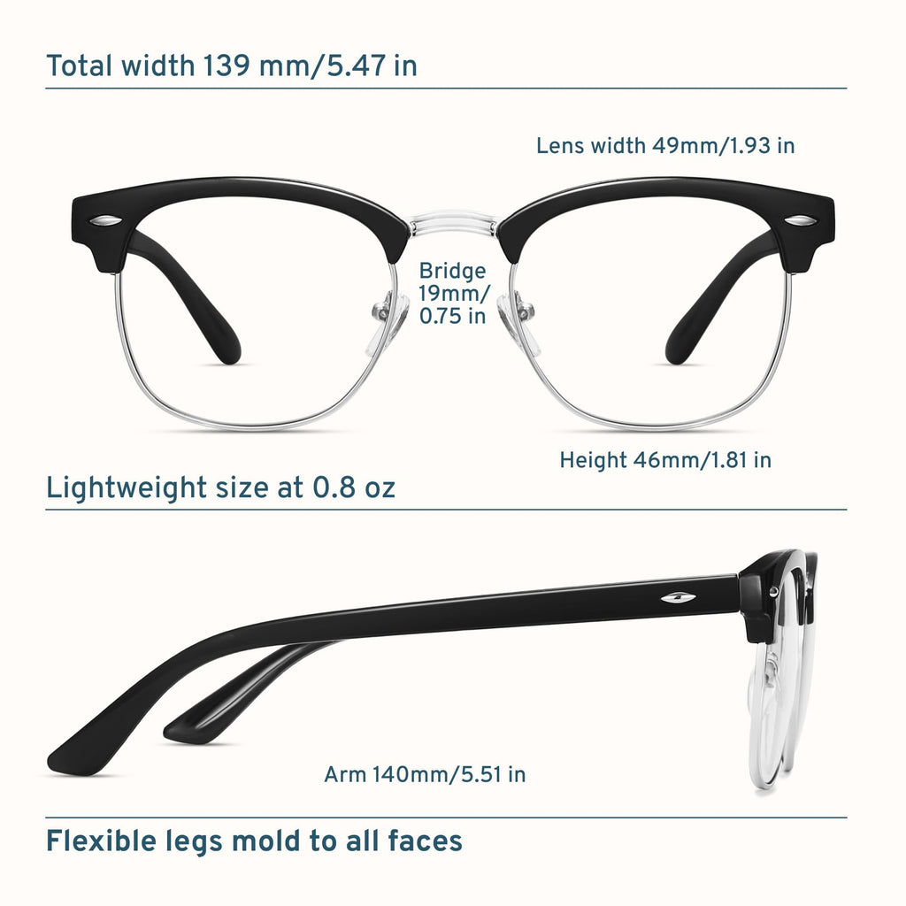 racico Eyewear Frame for Men and Women, Fashion Vintage Classic Blue Light Glasses Semi-Rimless Half Frame