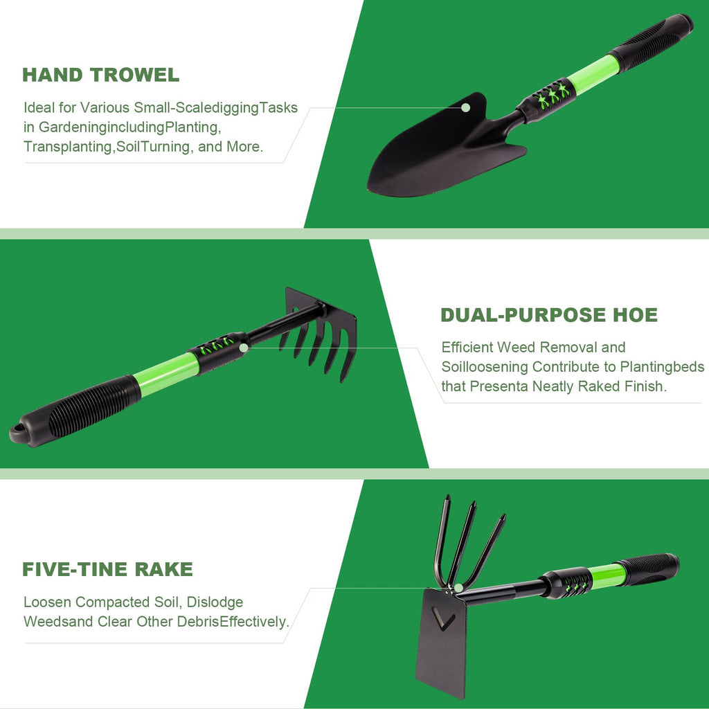 Zenrok Garden Tools Set, 4 Pack Gardening Tools, Stainless Steel Heavy Duty Hand Cultivator, Hoes, Spade Shovel, for Planting Weeding Digging, Gardening Gifts for Women, Green