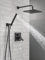 Delta Modern 14 Series Square Rain Shower System Faucet Set, Rainfall Matte Black Shower Head and Handle Set, Valve Trim Kit, 10 Inch, Matte Black 342701-BL